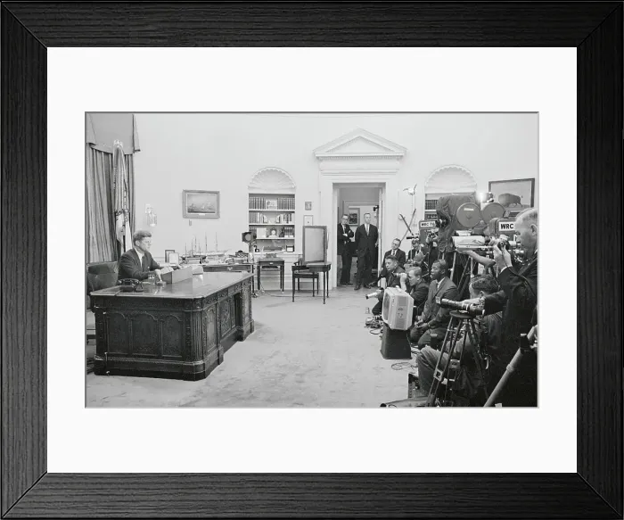 Framed Print : President Kennedy in Oval Office with Television Cameras Framed Print : President Kennedy in Oval Office with Television Cameras