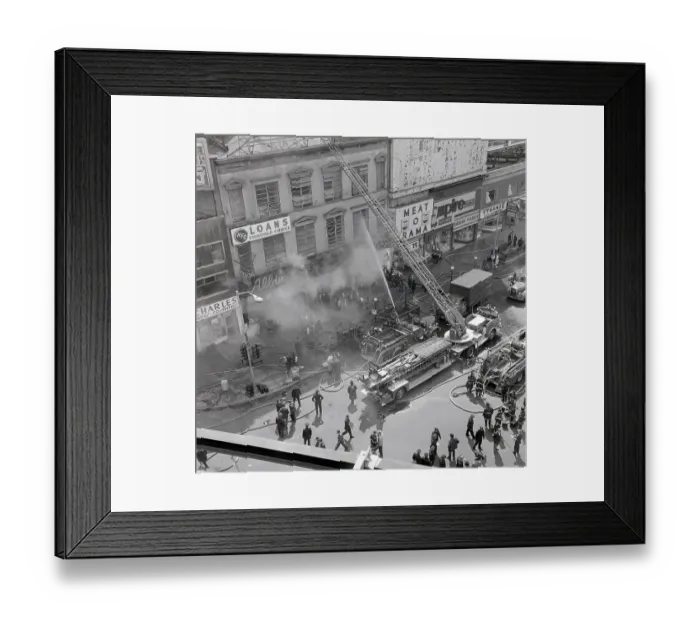 Framed Print : Firetruck Pouring Water into Building Framed Print : Firetruck Pouring Water into Building