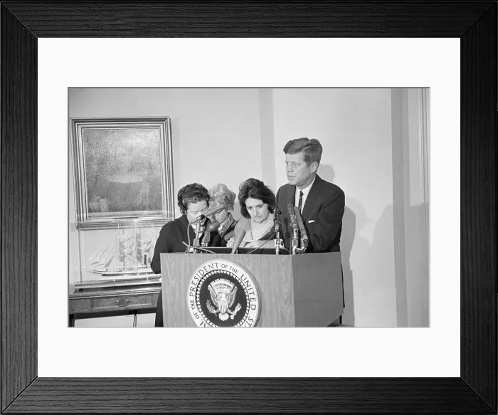 Framed Print : Reporters at Podium with President Kennedy Framed Print : Reporters at Podium with President Kennedy