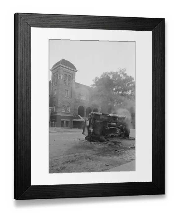 Framed Print : Bombed Car in Front of Church Framed Print : Bombed Car in Front of Church