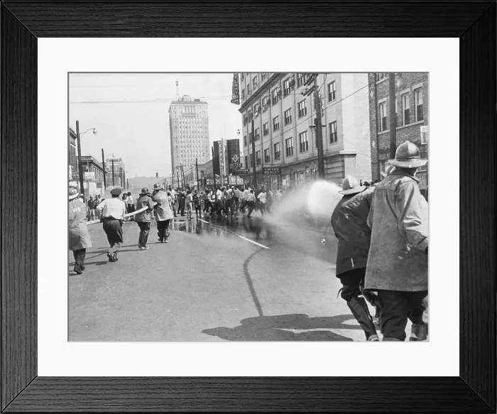 Framed Print : Firemen Spraying Protesters With Firehose Framed Print : Firemen Spraying Protesters With Firehose