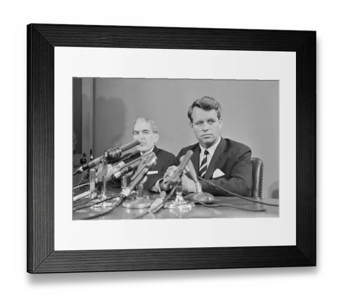 Framed Print : Robert Kennedy Sitting Behind Microphones Framed Print : Robert Kennedy Sitting Behind Microphones
