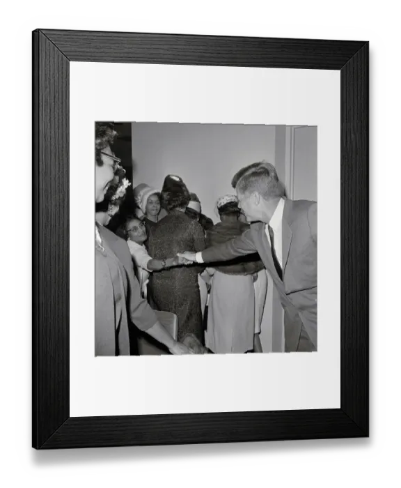 Framed Print : Woman Shaking Hands with JFK Across Crowd Framed Print : Woman Shaking Hands with JFK Across Crowd