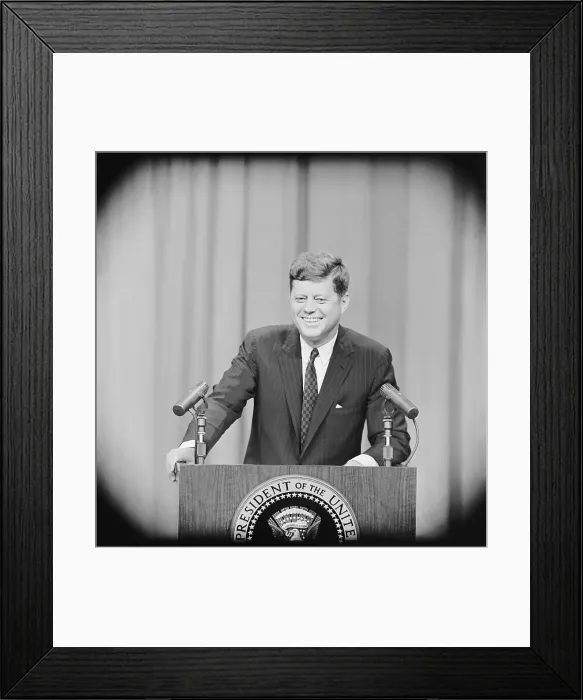 Framed Print : President Kennedy Smiling at Press Conference Framed Print : President Kennedy Smiling at Press Conference
