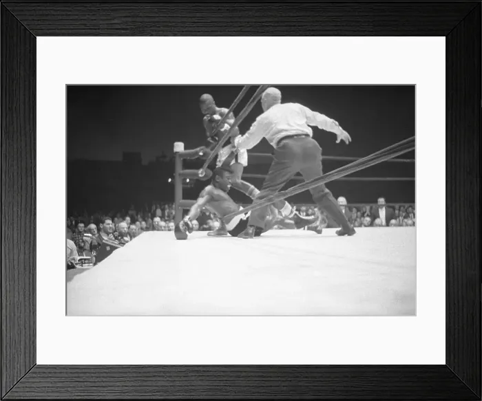 Framed Print : Referee Standing over Boxer on Ropes Framed Print : Referee Standing over Boxer on Ropes
