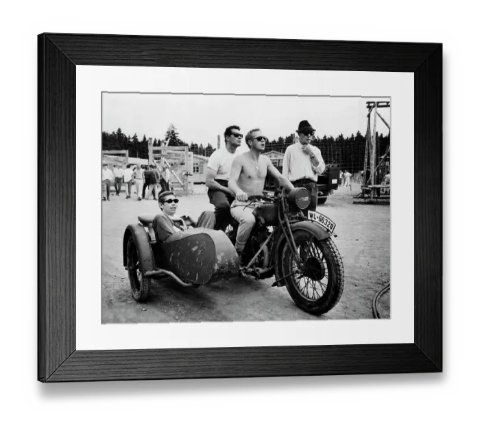 Framed Print : Steve McQueen on a Motorcycle with James Garner and James Coburn Framed Print : Steve McQueen on a Motorcycle with James Garner and James Coburn