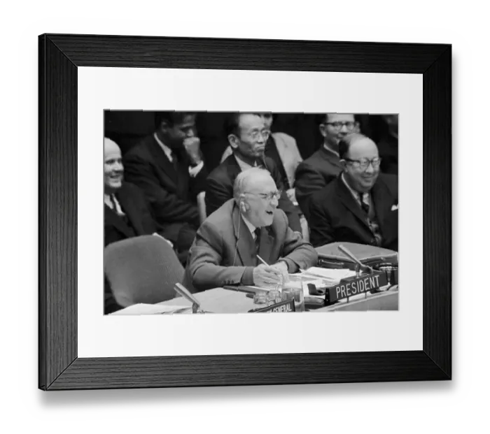 Framed Print : Adlai Stevenson in Front of United States Plaque Framed Print : Adlai Stevenson in Front of United States Plaque