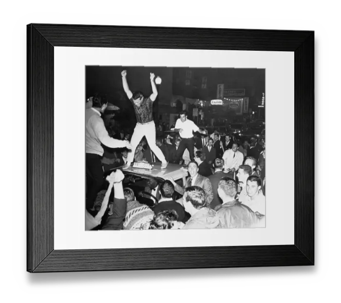 Framed Print : Young Crowd Atop Car and Surrounding for Giants Ball Game Victory Framed Print : Young Crowd Atop Car and Surrounding for Giants Ball Game Victory