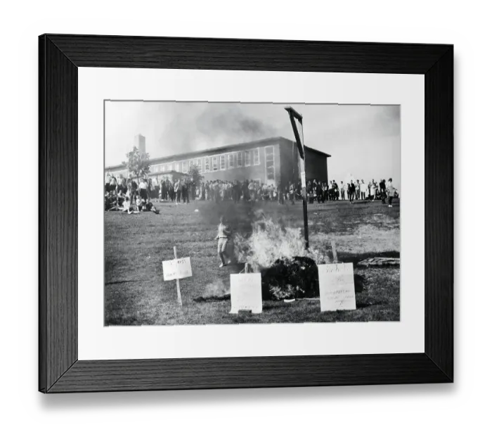 Framed Print : Fire Burning on Campus Lawn During Anti Integration Protest Framed Print : Fire Burning on Campus Lawn During Anti Integration Protest
