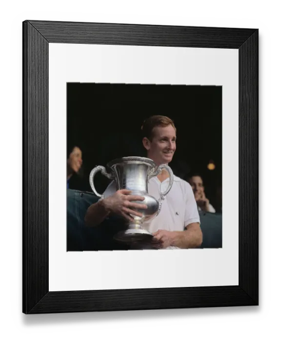 Framed Print : Rod Laver Smiling with U.S. Open Trophy