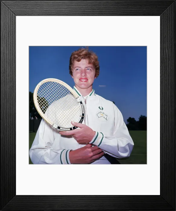 Framed Print : Margaret Court Smith Posing with Tennis Racket Framed Print : Margaret Court Smith Posing with Tennis Racket