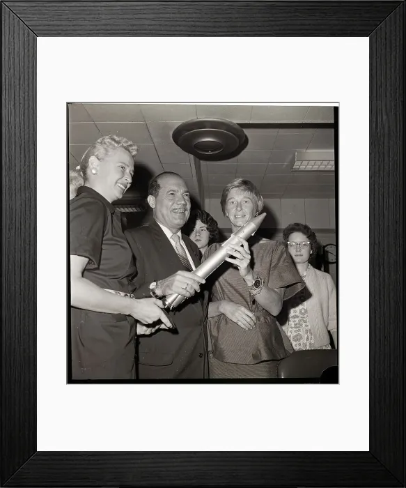 Framed Print : Senator and two Women Holding Missile Model Framed Print : Senator and two Women Holding Missile Model