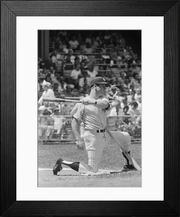 Framed Print : Mickey Mantle Kneeling on Field with Baseball Bat