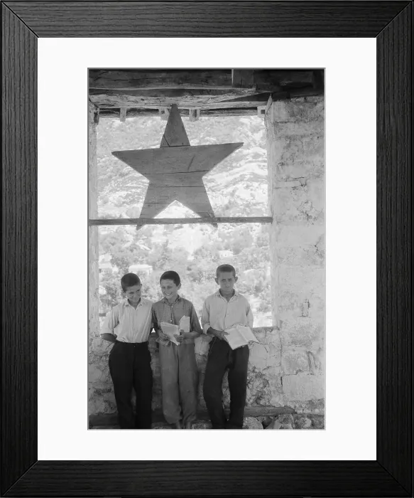 Framed Print : Young Albanian Boys Posing Under Flag