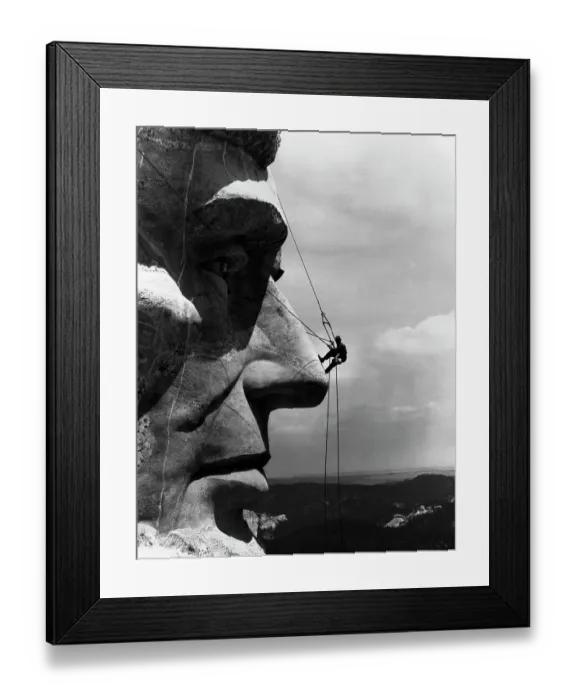Framed Print : Repairman on Face of Abraham Lincoln from Mount Rushmore Memorial by Gutzon Borglum Framed Print : Repairman on Face of Abraham Lincoln from Mount Rushmore Memorial by Gutzon Borglum