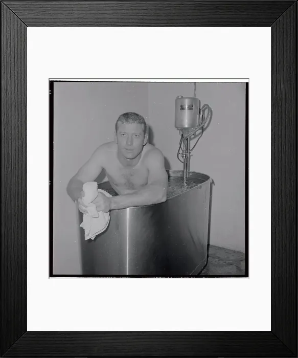 Framed Print : Mickey Mantle Sitting in Hot Tub as Trainer Stands Nearby Framed Print : Mickey Mantle Sitting in Hot Tub as Trainer Stands Nearby