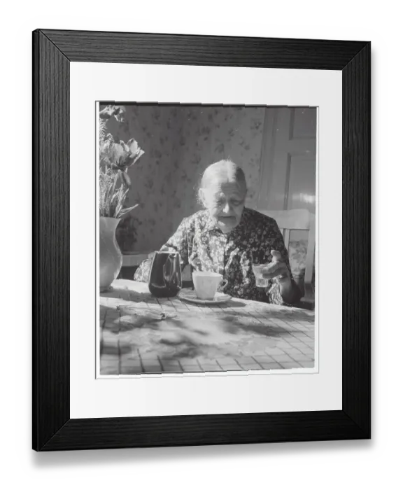 Framed Print : Elderly Woman at Table with Schnapps Liquor Framed Print : Elderly Woman at Table with Schnapps Liquor