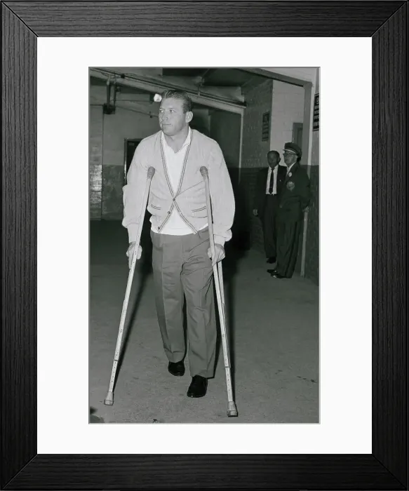 Framed Print : Mickey Mantle On Crutches After Injury Framed Print : Mickey Mantle On Crutches After Injury