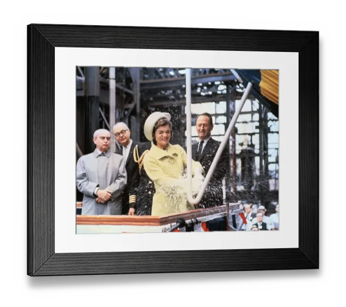 Framed Print : Jacqueline Kennedy smashing Wine Bottle Framed Print : Jacqueline Kennedy smashing Wine Bottle