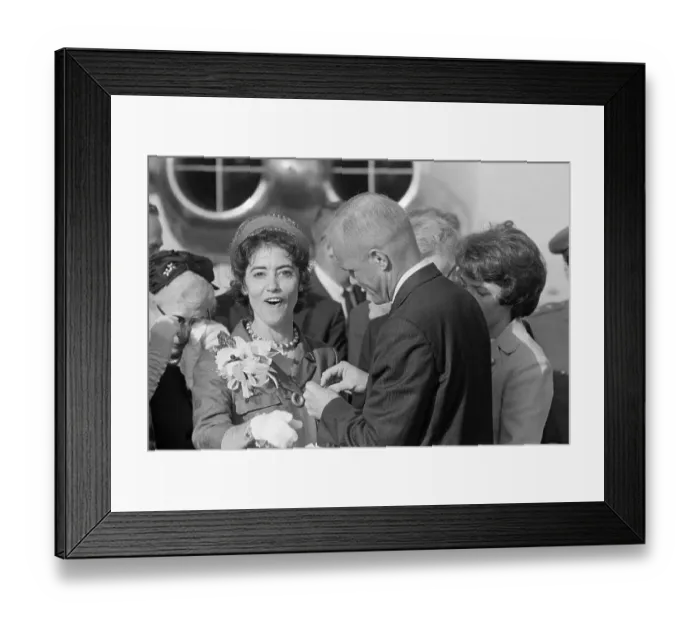 Framed Print : John Glenn Pins Button On Excited Wife Framed Print : John Glenn Pins Button On Excited Wife