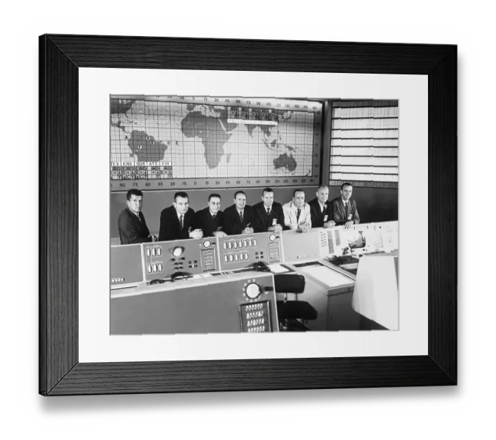 Framed Print : Mercury Astronauts Pose in Control Room Framed Print : Mercury Astronauts Pose in Control Room