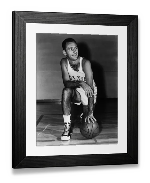 Framed Print : Bob Cousy Posing on Floor With Basketball Framed Print : Bob Cousy Posing on Floor With Basketball