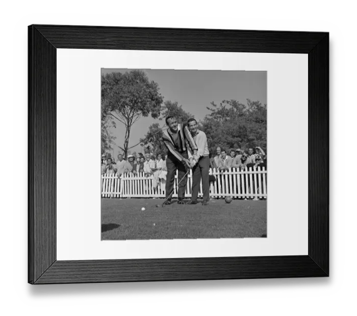 Framed Print : Arnold Palmer Helping Willie Shoemaker with Golf Club Framed Print : Arnold Palmer Helping Willie Shoemaker with Golf Club