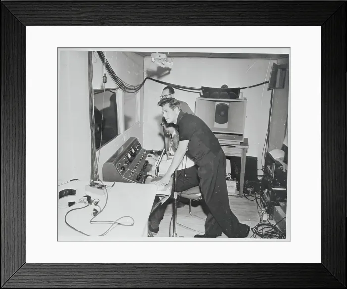 Framed Print : Desi Arnaz Leaning Over Broadcast Panel Framed Print : Desi Arnaz Leaning Over Broadcast Panel