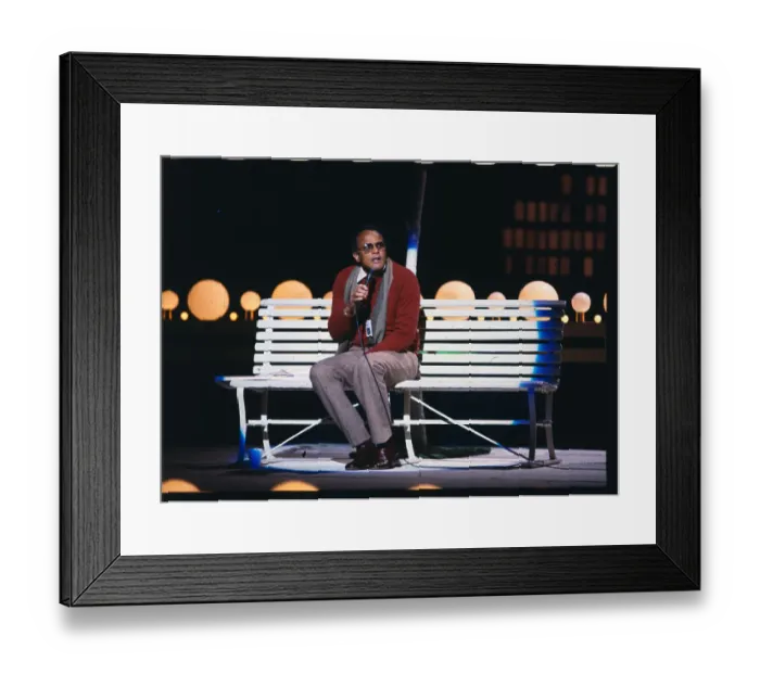Framed Print : Harry Belafonte Sitting on Bench and Singing in Microphone Framed Print : Harry Belafonte Sitting on Bench and Singing in Microphone