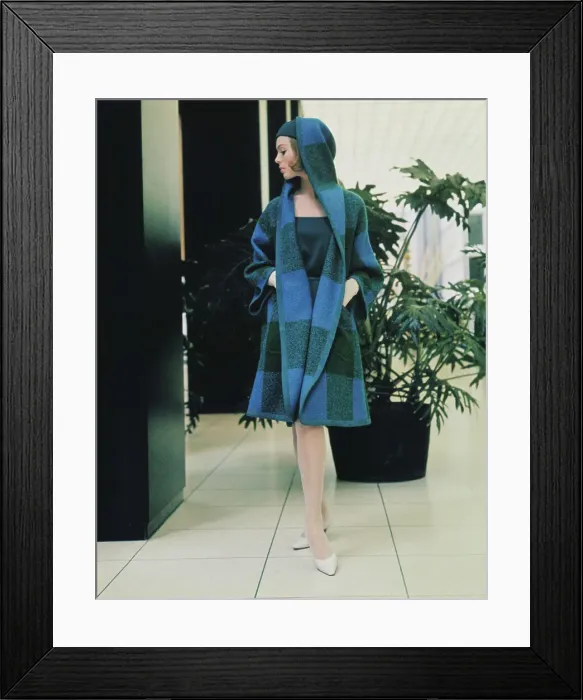 Framed Print : Model Wearing Blue and Green Travel Coat
