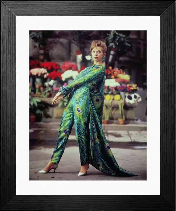 Framed Print : Fashion Model Wearing Peacock Feather Patterned Outfit Framed Print : Fashion Model Wearing Peacock Feather Patterned Outfit