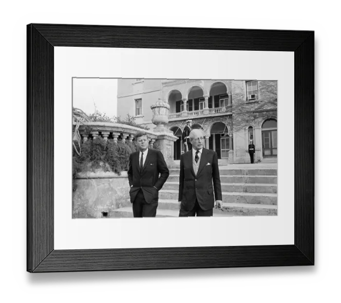 Framed Print : John F. Kennedy and Harold Macmillan Walking in Front of Building