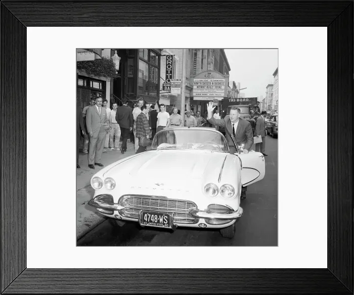 Framed Print : Whitey Ford Waving and Getting into Corvette Framed Print : Whitey Ford Waving and Getting into Corvette