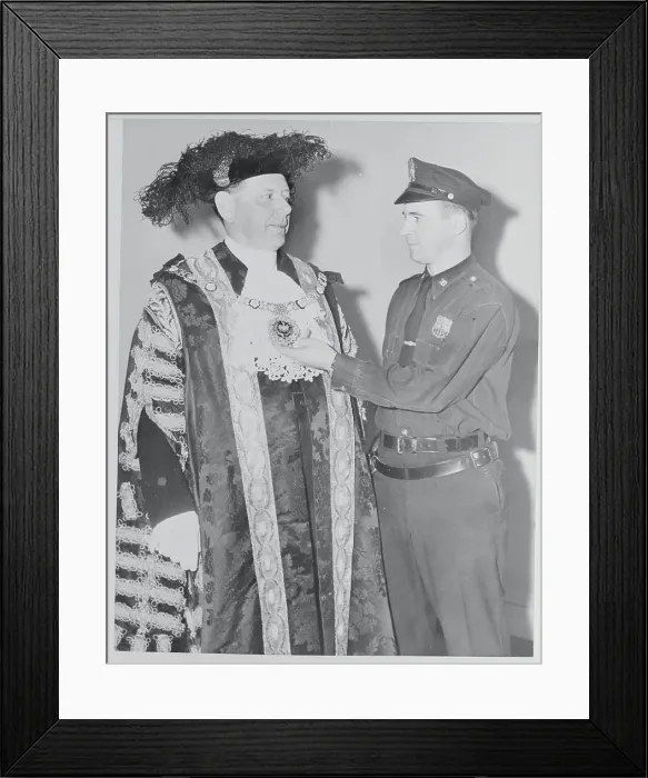 Framed Print : Denys Lowson Wearing Elaborate Robe Talks With Policeman Framed Print : Denys Lowson Wearing Elaborate Robe Talks With Policeman