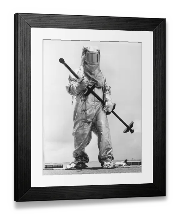 Framed Print : Fireman in Asbestos Suit with Tool Framed Print : Fireman in Asbestos Suit with Tool