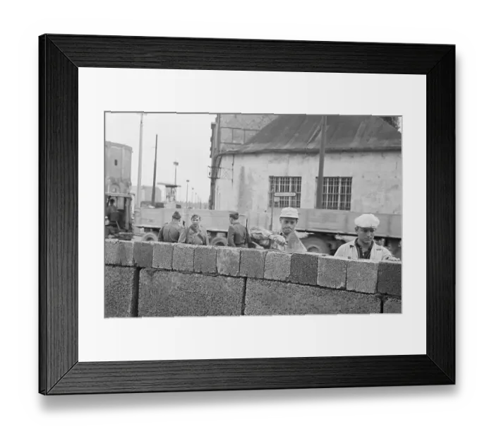 Framed Print : Workers Build Berlin Wall as Police Watch Framed Print : Workers Build Berlin Wall as Police Watch