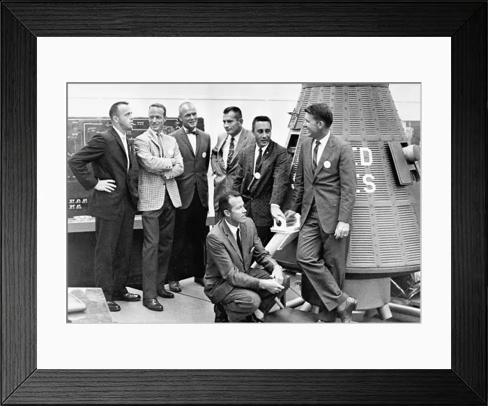 Framed Print : Seven American Astronauts Inspect Model Framed Print : Seven American Astronauts Inspect Model