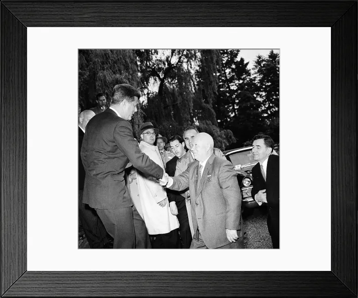 Framed Print : Kennedy and Krushchev Shake Hands at Meeting