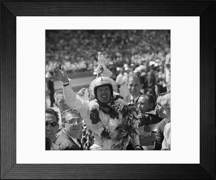 Framed Print : A.J. Foyt Waving With Garland of Flowers Framed Print : A.J. Foyt Waving With Garland of Flowers