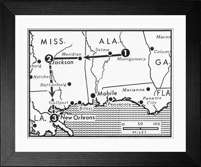 Framed Print : Map Showing Freedom Riders Route Framed Print : Map Showing Freedom Riders Route