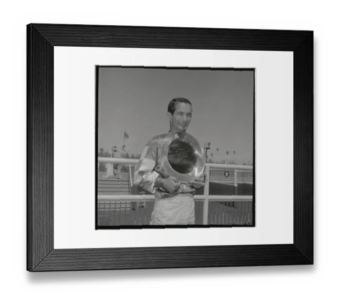 Framed Print : Willie Shoemaker Holding Trophy and Smiling Framed Print : Willie Shoemaker Holding Trophy and Smiling