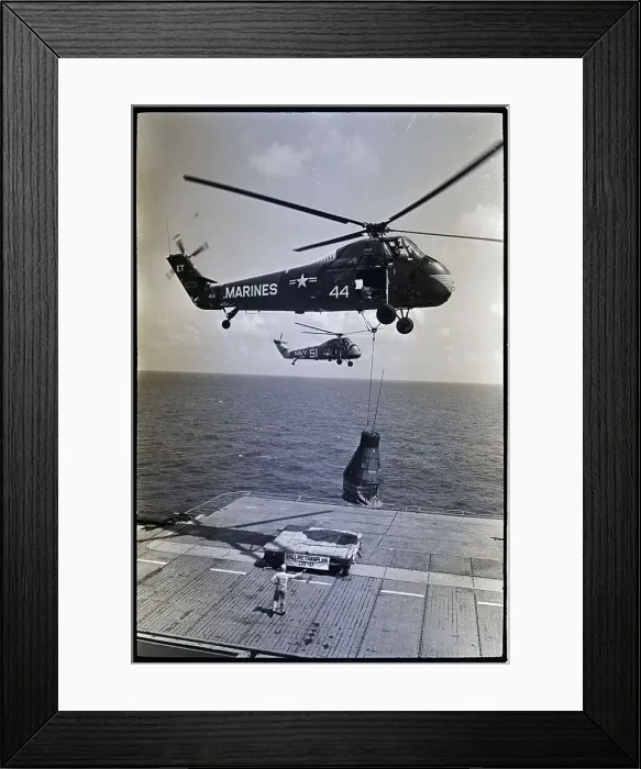 Framed Print : Helicopter Lowers Space Capsule to Ship Framed Print : Helicopter Lowers Space Capsule to Ship