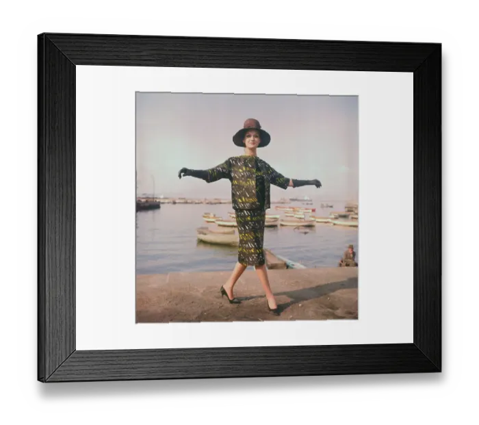 Framed Print : Model Posing in Abstract Print Ensemble with Hat and Gloves Framed Print : Model Posing in Abstract Print Ensemble with Hat and Gloves