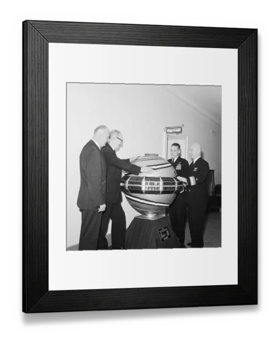 Framed Print : Navy Space Experts with Satellite Model Framed Print : Navy Space Experts with Satellite Model
