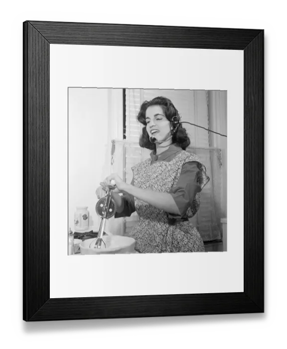 Framed Print : Joann Hulkower Preparing Meal and Talking with Headset Framed Print : Joann Hulkower Preparing Meal and Talking with Headset