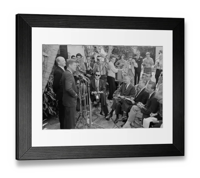 Framed Print : John F. Kennedy and Dean Rusk with Press Framed Print : John F. Kennedy and Dean Rusk with Press