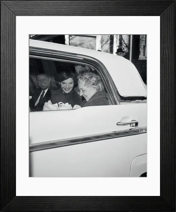 Framed Print : John and Jacqueline Kennedy in Car with Baby Nurse Framed Print : John and Jacqueline Kennedy in Car with Baby Nurse