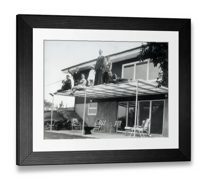 Framed Print : Family Standing on Patio Overhang Framed Print : Family Standing on Patio Overhang