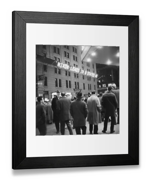 Framed Print : Pedestrians Passing Building with Sign on Nixon's Election Results Framed Print : Pedestrians Passing Building with Sign on Nixon's Election Results