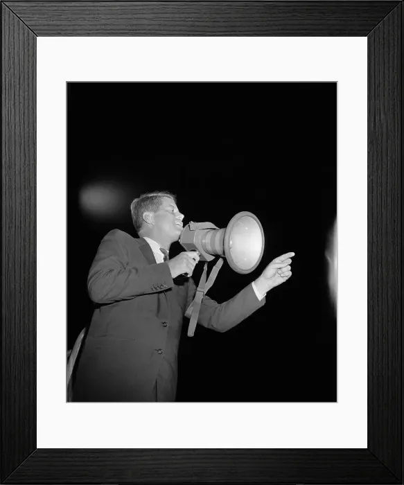 Framed Print : John Kennedy Speaking with a Bullhorn Framed Print : John Kennedy Speaking with a Bullhorn